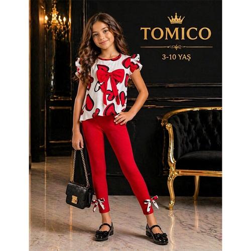 Tomıca 8115 Kız Çocuk Penye Kalp Baskılı Fiyonklu Taytlı Takım 3-10 Yaş