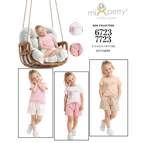 Mixperry 6723 Kız Çocuk Penye Yaprak Nakışlı Alt Müslim Desenli Şort Takım 2-5 Yaş