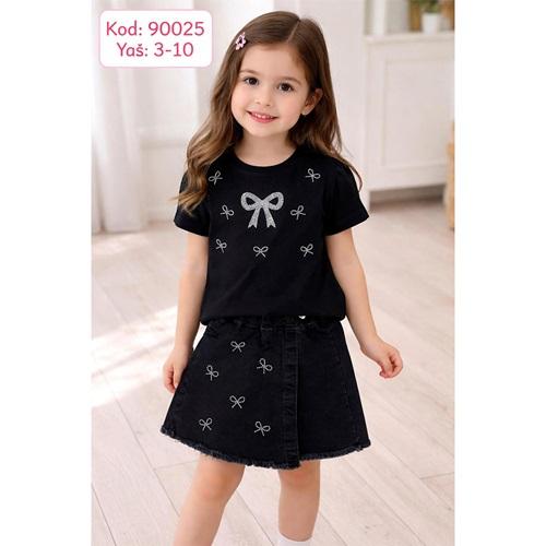 CMK KIDS 90025 Kız Çocuk Kurdeleli Taç Nakışlı Kot Eteklı Şortlu Takım 3-10 Yaş