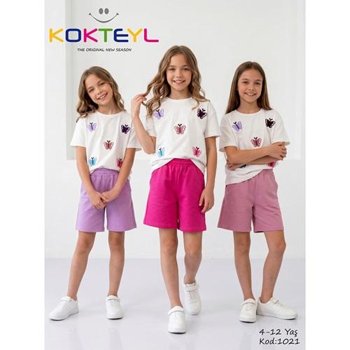 Kokteyl 1021 Kız Çocuk Penye Kelebek Nakışlı Şortlu Takım 4-12 Yaş