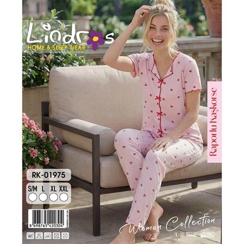 Lindros RK-01975 Bayan Raporlu Kaşkorse Desenli Kısa Kollu Pijama Takımı S-2XL
