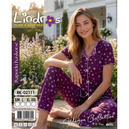 Lindros RK-02111 Bayan Raporlu Kaşkorse Desenli Kısa Kollu Pijama Takımı S-2XL