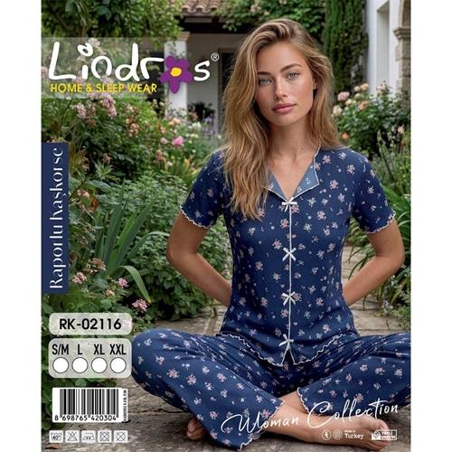 Lindros RK-02116 Bayan Raporlu Kaşkorse Desenli Kısa Kollu Pijama Takımı S-2XL