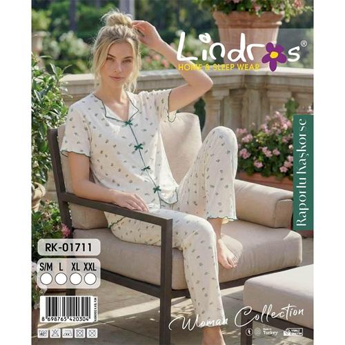 Lindros RK-01711 Bayan Raporlu Kaşkorse Desenli Kısa Kollu Pijama Takımı S-2XL