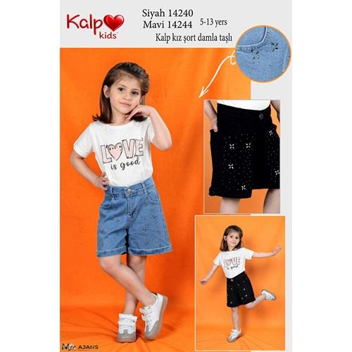 Kalp Kids 14240 Kız Çocuk Damla Taşlı Nakışlı Kot Şort 4-13 Yaş