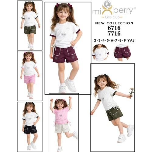 Mixperry 7716 Kız Çocuk Penye Üst Ve Alt Taşlı Nakışlı Şort Takım 6-9 Yaş