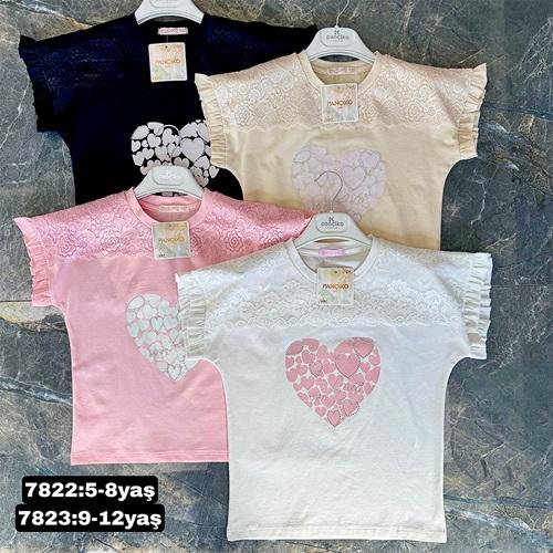 Pançiko 7822 Kız Çocuk Kalp Baskılı Omuz Dantelli Tişört 5-8 Yaş