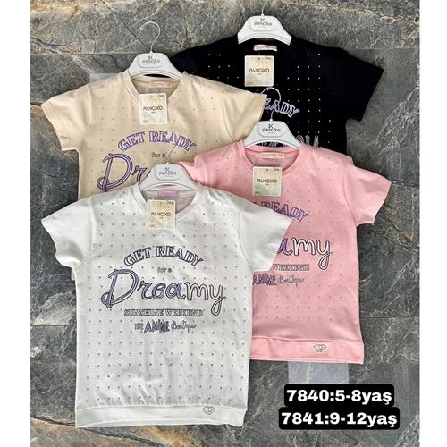 Pançiko 7841 Kız Çocuk Penye Dreamy Pano Taşlı Dantelli Tişört 9-12 Yaş