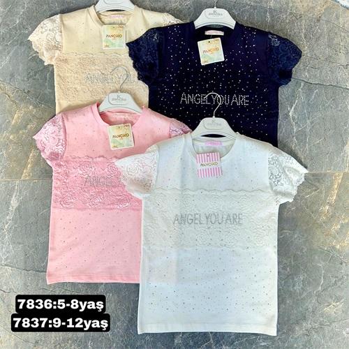 Pançiko 7837 Kız Çocuk Penye Angel Taşlı Dantelli Tişört 9-12 Yaş