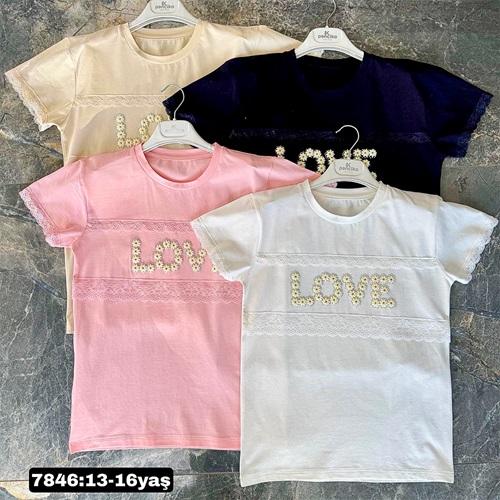 Pançiko 7846 Kız Çocuk Penye Love Papatyalı Baskılı Tişört 13-16 Yaş