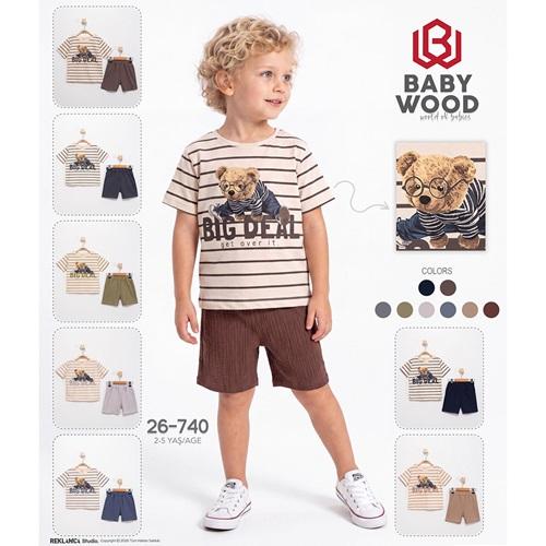 Babywood BW-26-740 Erkek Çocuk Penye Çizgili Sevimli Ayı Baskılı Alt Müslim Şortlu Takım 2-5 Yaş