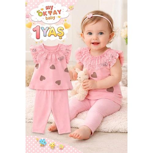 My Oktay 5092 Kız Bebe Penye Ön Dantelli Love Baskılı Takım 6-24 Ay