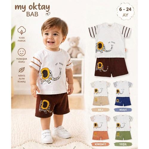 My Oktay 5119 Erkek Bebe Sevimli Fil Baskılı Şortlu Takım 6-24 Ay