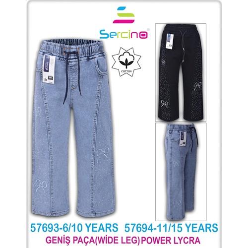 Sercino 57693 Kız Çocuk Yan Taşlı Geniş Paça Pamuklu Kot Pantolon 6-10 Yaş