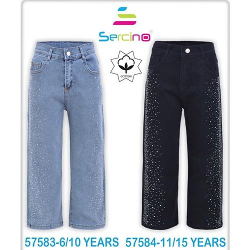 Sercino 57583 Kız Çocuk Regina Yan Taşlı Geniş Paça Pamuklu Kot Pantolon 6-10 Yaş