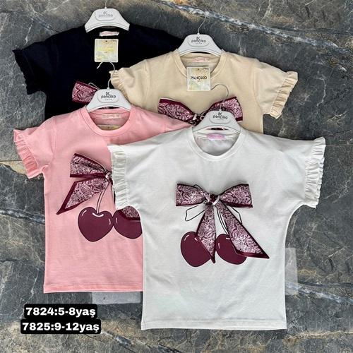 Pançiko 7824 Kız Çocuk Penye Vişne Fular Baskılı Kurdele Dantelli Tişört 5-8 Yaş
