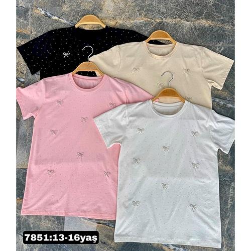 Pançiko 7805 Kız Çocuk Penye Beden Taşlı Serpme Fiyonk Nakışlı Tişört 9-12 Yaş