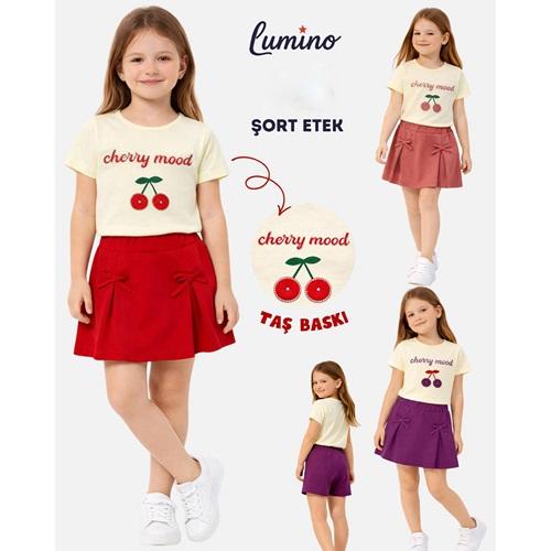 Lumino 30461 Kız Çocuk Penye Kiraz Baskılı Şort Etekli Takım 4-8 Yaş