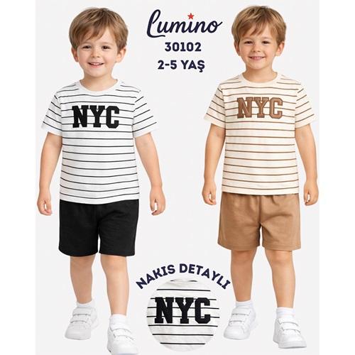 Lumino 30102 Erkek Çocuk Penye Çizgılı Nyc Nakışlı Şortlu Takım 2-5 Yaş