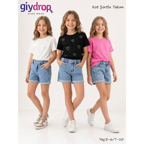 Giydrop 5710-2 Kız Çocuk Penye Komple Kalp Taşlı Nakışlı Kot Şortlu Takım 7-10 Yaş