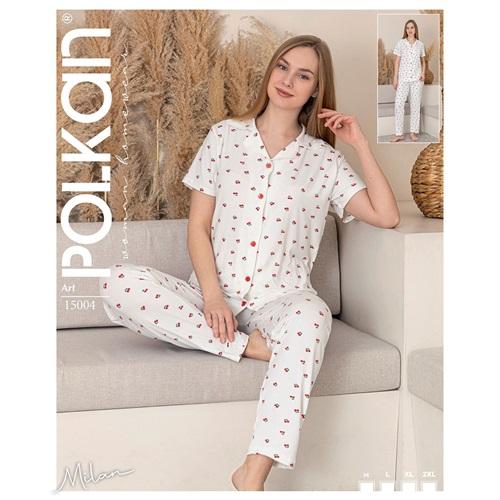Polkan 15004 Bayan Milan Boydan Düğmeli Kısa Kol Pijama Takımı M-2XL