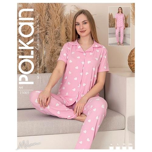 Polkan 15005 Bayan Milan Boydan Düğmeli Kısa Kol Pijama Takımı M-2XL
