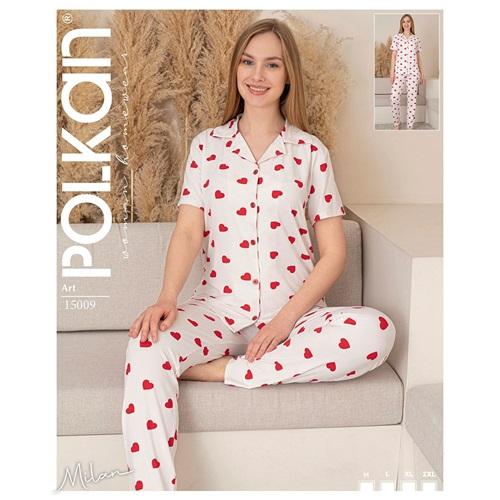 Polkan 15009 Bayan Milan Boydan Düğmeli Kısa Kol Pijama Takımı M-2XL
