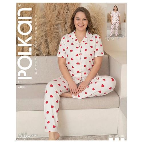 Polkan 6004 Bayan Battal Milan Boydan Düğmeli Kısa Kol Pijama Takımı 3XL-5XL