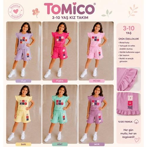 Tomıca 8142 Kız Çocuk Penye Kol Fırfırlı Baskılı Şortlu Takım 3-10 Yaş
