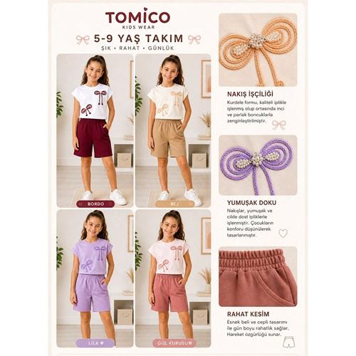 Tomıca 8106 Kız Çocuk Penye İnci Kurdele Nakışlı Şortlu Takım 5-9 Yaş