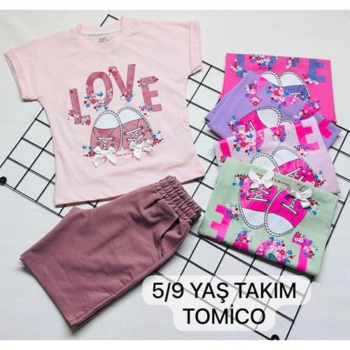 Tomıca 8125 Kız Çocuk Penye Love Baskılı Fiyonklu Şortlu Takım 5-9 Yaş