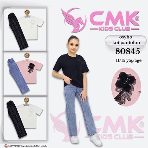 CMK KIDS 80845 Kız Çocuk İnci Çiçek Nakışlı Kot Pantolonlu Takım 11-15 Yaş