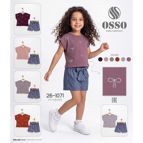 Osso 26-1071 Kız Çocuk Penye Taşlı Fiyonklu Nakışlı Şortlu Takım 2-5 Yaş