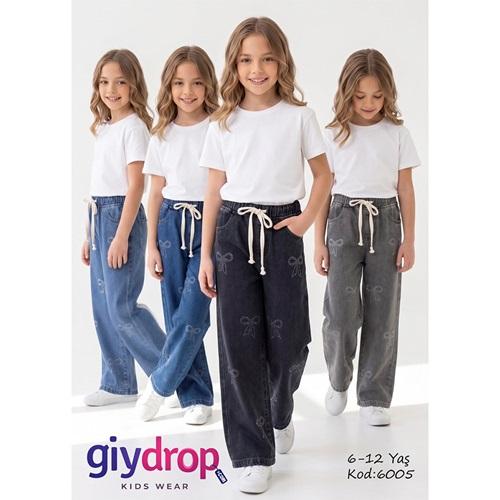 Giydrop 6005 Kız Çocuk Taş Kurdela Baskılı Kot Pantolon 6-12 Yaş