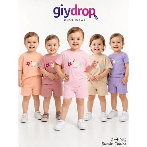 Giydrop 4104 Kız Çocuk Penye Çiçek Arı Baskılı Şortlu Takım 1-4 Yaş