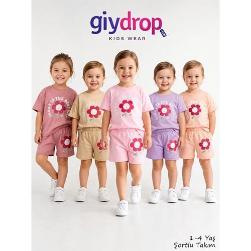 Giydrop 4103 Kız Çocuk Penye Papatya Baskılı Şortlu Takım 1-4 Yaş