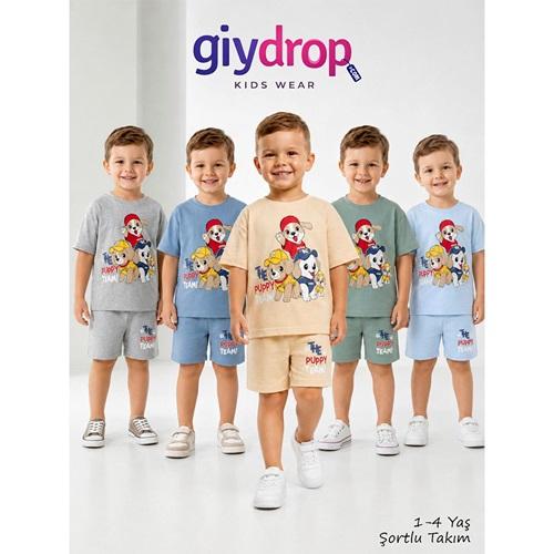 Giydrop 4102 Erkek Çocuk Penye Raw Sevimli Köpek Baskılı Şortlu Takım 1-4 Yaş