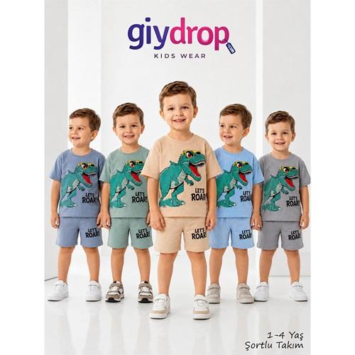 Giydrop 4101 Erkek Çocuk Penye Dinozor Baskılı Şortlu Takım 1-4 Yaş