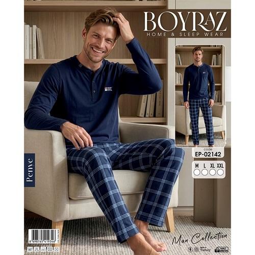 Boyraz EP-02142 Erkek Süprem Penye Uzun Kol Yaka Düğmeli Pijama Takımı M-2XL