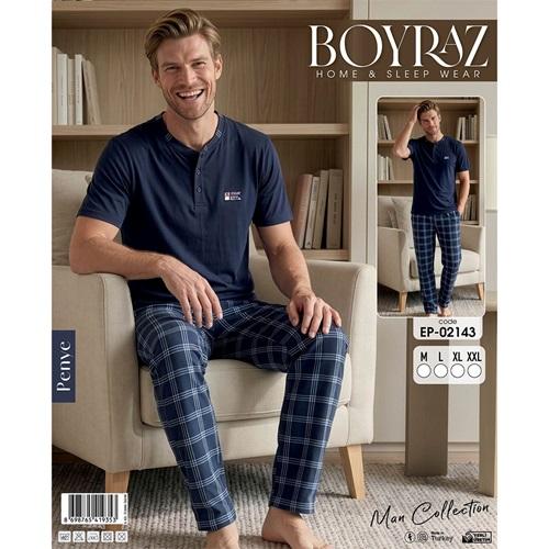 Boyraz EP-02143 Erkek Süprem Penye Kısa Kol Yaka Düğmeli Pijama Takımı M-2XL