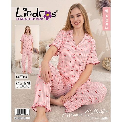 Lindros BR-01413 Bayan Bürümcük Boydan Düğmeli Kısa Kol Pijama Takımı S-2XL
