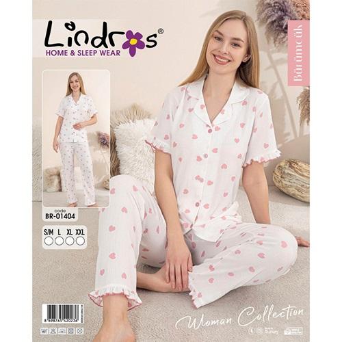 Lindros BR-01404 Bayan Bürümcük Boydan Düğmeli Kısa Kol Pijama Takımı S-2XL