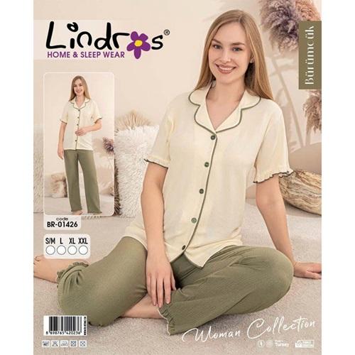 Lindros BR-01426 Bayan Bürümcük Boydan Düğmeli Kısa Kol Pijama Takımı S-2XL