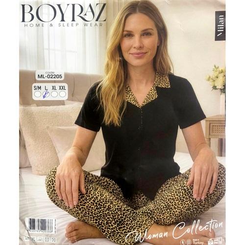Boyraz 02205 Bayan Milan Desenli Kısa Kol Boydan Düğmeli Pijama Takımı S-2XL