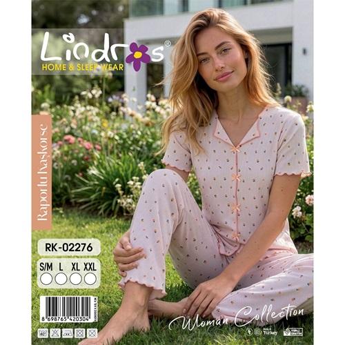 Lindros RK-02276 Bayan Raporlu Kaşkorse Desenli Kısa Kollu Pijama Takımı S-2XL