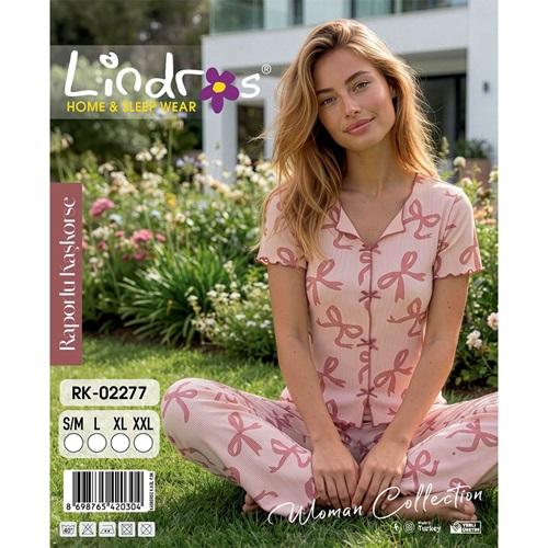Lindros RK-02277 Bayan Raporlu Kaşkorse Desenli Kısa Kollu Pijama Takımı S-2XL