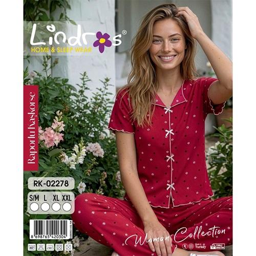 Lindros RK-02278 Bayan Raporlu Kaşkorse Desenli Kısa Kollu Pijama Takımı S-2XL