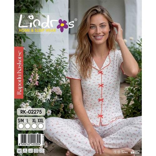 Lindros RK-02275 Bayan Raporlu Kaşkorse Desenli Kısa Kollu Pijama Takımı S-2XL