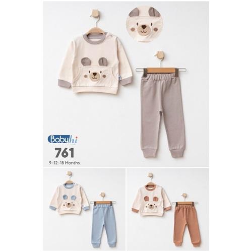 Baby Hi 761 Erkek Bebe Cepli Kulaklı Sevimli Ayı Nkışlı 2Li Takım 9-18 Ay
