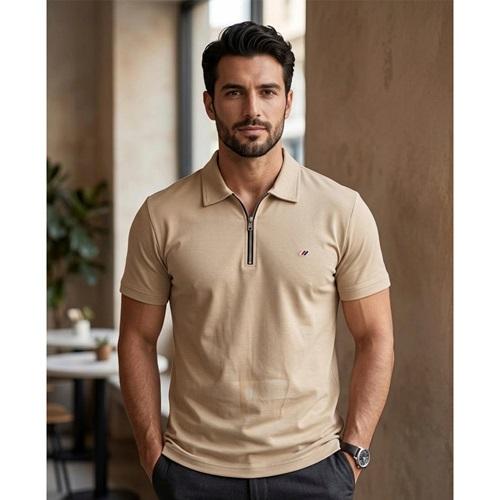 Emin 266 Erkek Oysho Nakışlı Fermuar Yakalı Kısa Kol Tişört S-2XL
